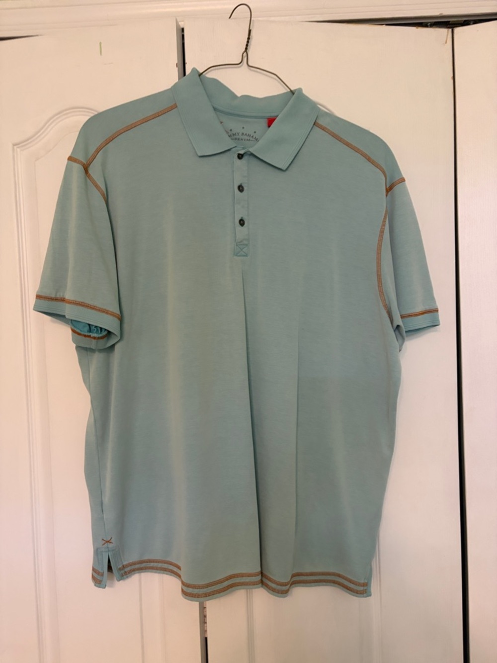 Tommy Bahama Light Teal Polo with Tan Contrast Stitching